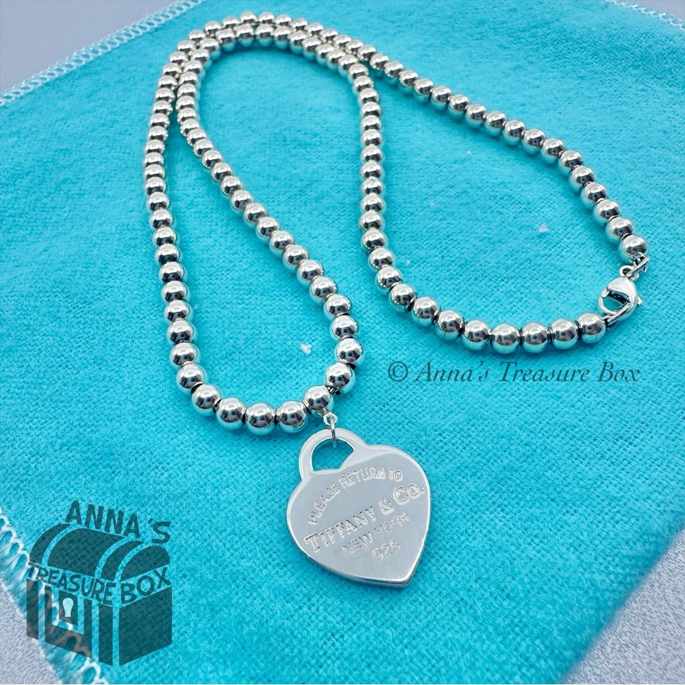 Return To Tiffany & Co. 925 Silver Mini Heart Tag 4mm Beaded Necklace 16" (pch)